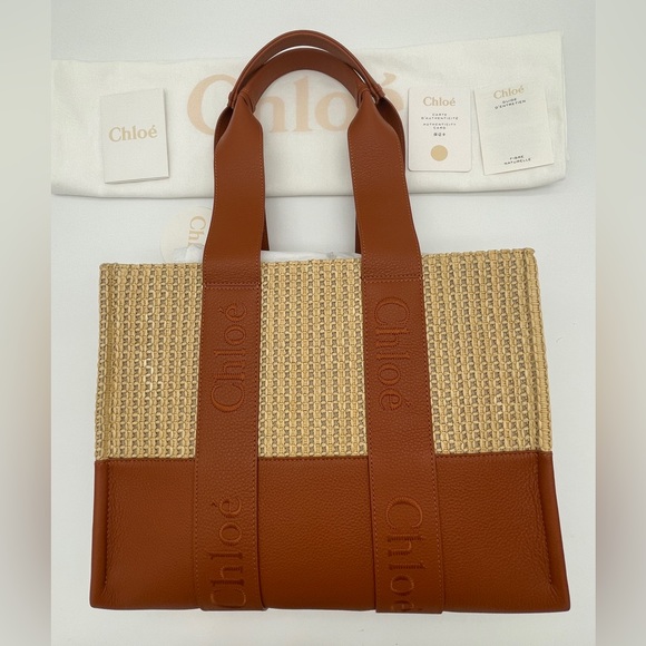 $1950 NEW CHLOE WOODY MEDIUM RAFFIA LEATHER SUMMER TOTE BAG PURSE NWT! - Picture 4 of 11